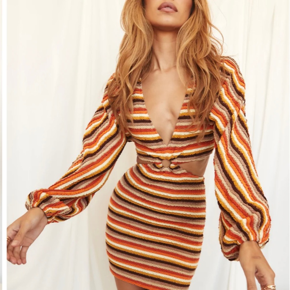Free Bird Multi Crochet Long Sleeve Mini Dress